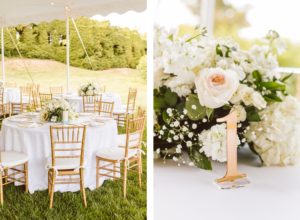 White floral arrangements on top of white tablecloths with gold chairs | White and pale pink floral arrangements with rose gold table numbers at Ladew Topiary Garden wedding | Brooke Michelle Photo