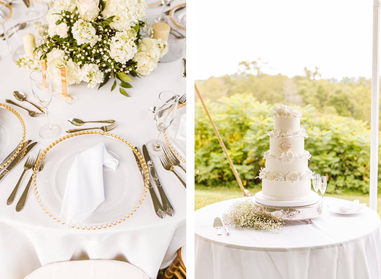 Gold place settings with gold charger and white floral arrangement | four tier white wedding cake with white flowers | Brooke Michelle Photo