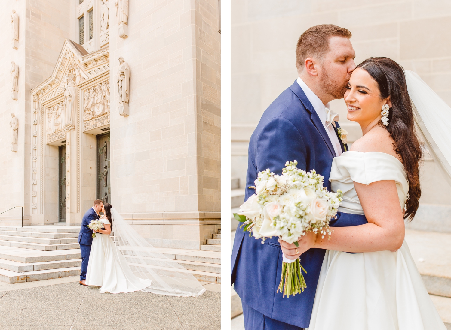 Bride and groom standing outside of Cathedral of Mary Our Queen | groom kissing bride on head while bride holds bouquet | Brooke Michelle Photo