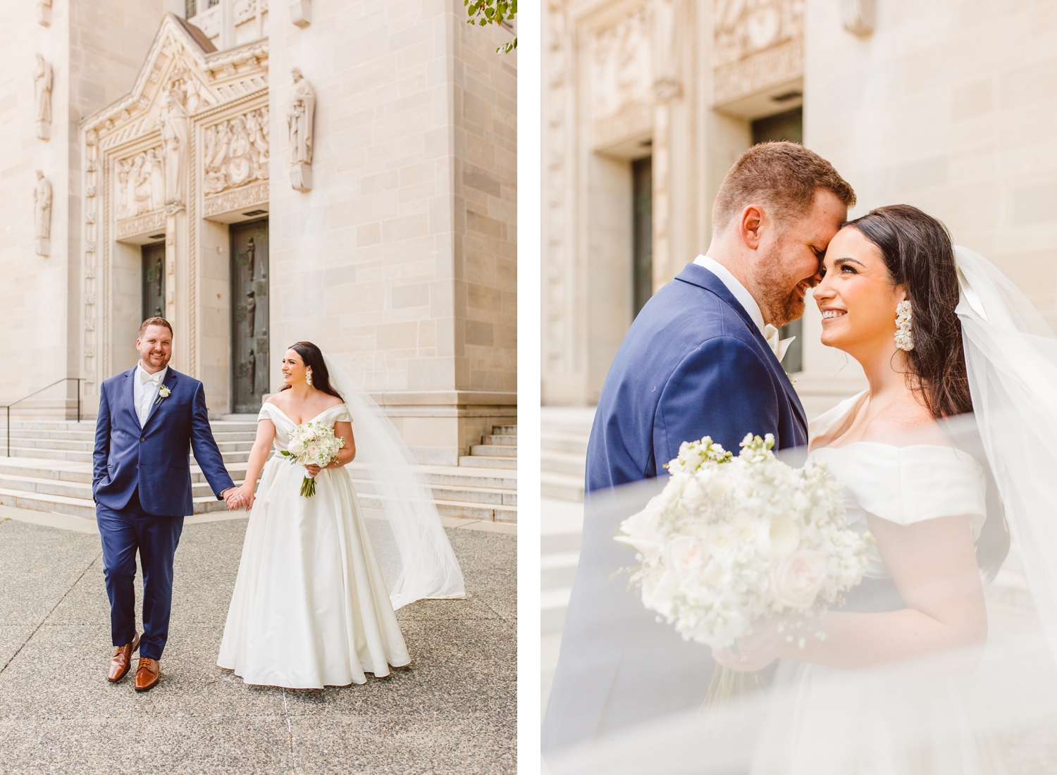 Bride and groom holding hands and walking towards camera | bride and groom looking at each other while veil flows in front of them | Brooke Michelle Photo