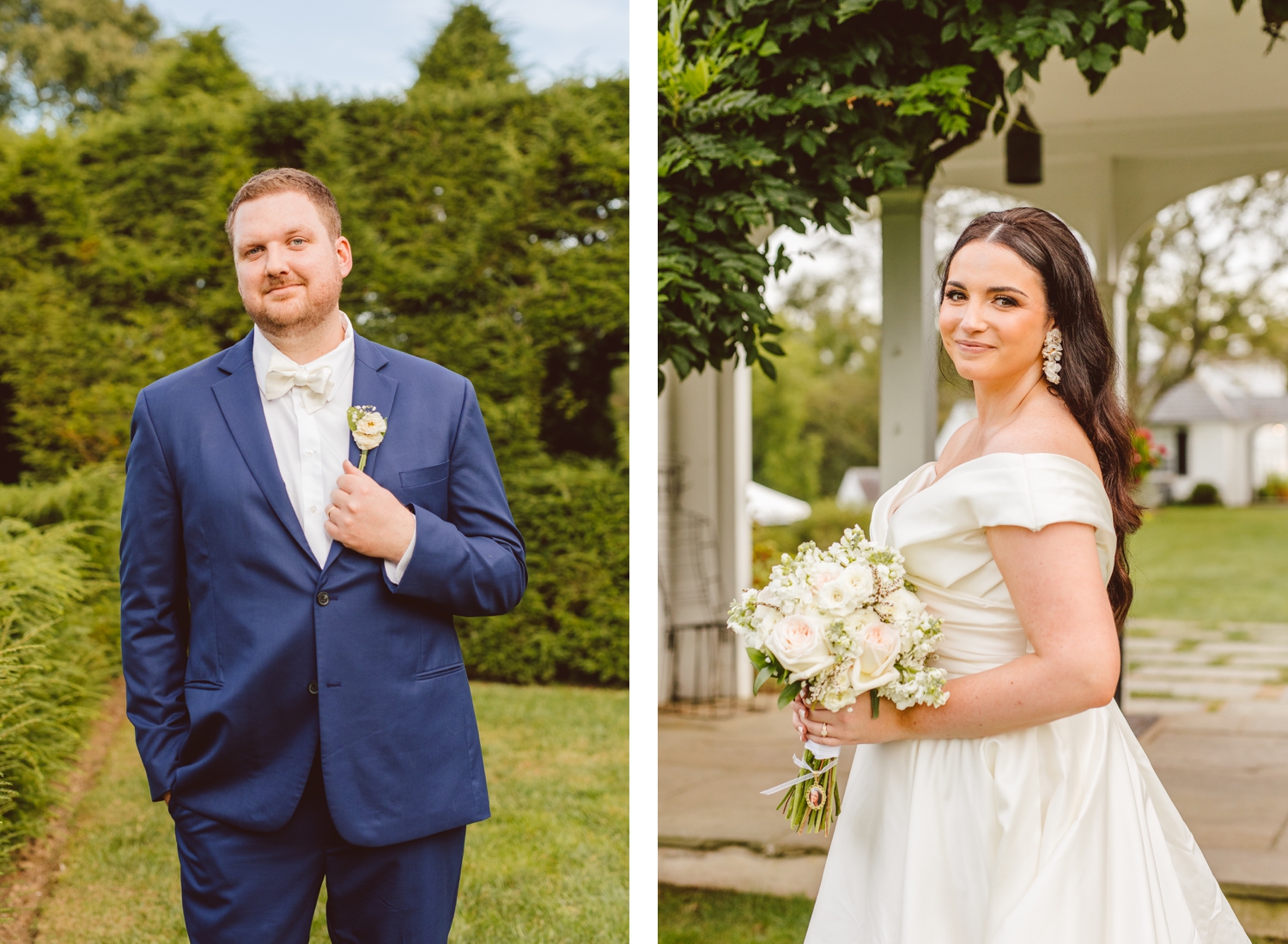 Groom wearing blue suit while standing in Ladew Topiary Gardens | Bride holding white and pale pink bouquet while standing in Ladew Topiary Gardens | Brooke Michelle Photo
