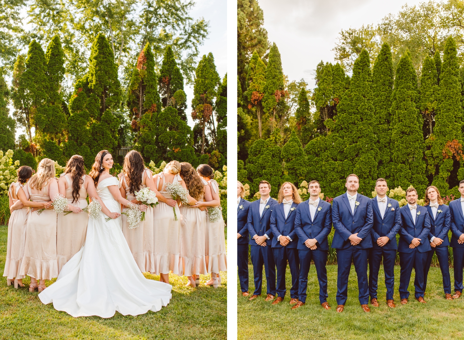 Bridesmaids facing away from camera while bride looks over her shoulder | groom and groomsmen standing in Ladew Topiary Gardens | Brooke Michelle Photo