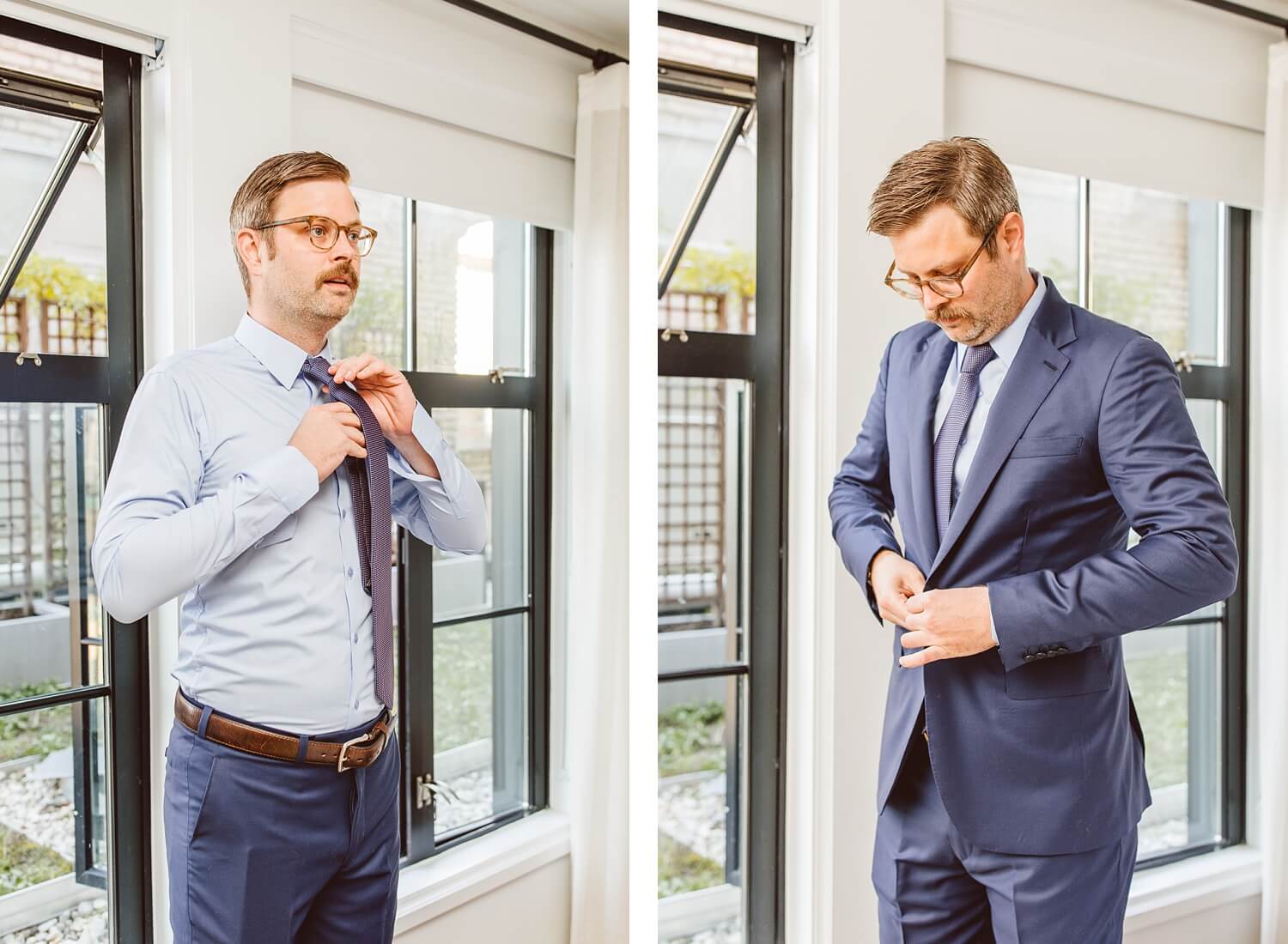 Groom putting on tie while getting ready for wedding at The LINE DC | groom buttoning up blue suit jacket | Brooke Michelle Photography