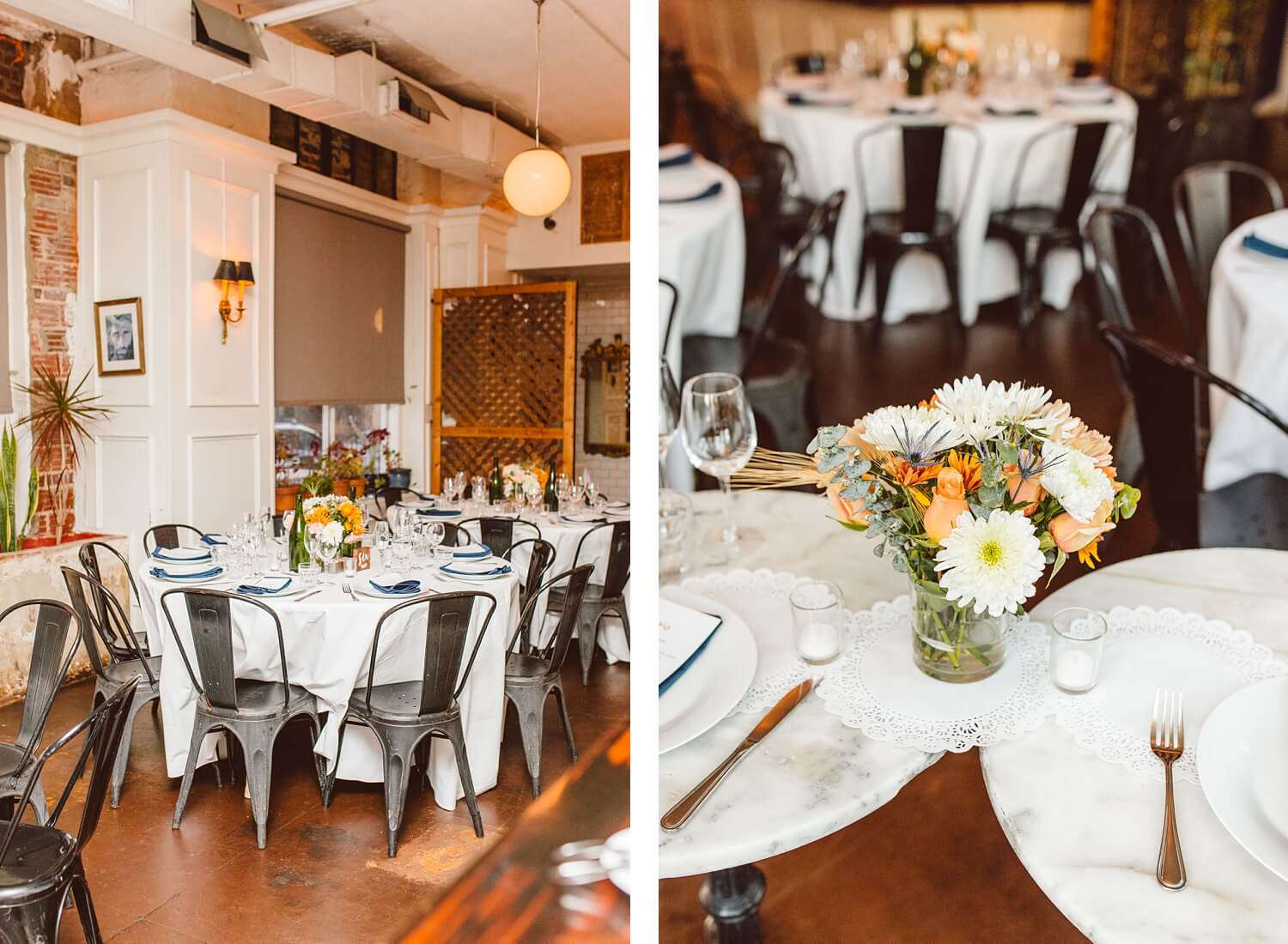 Wedding reception table at lapis restaurant | small bouquet on wedding reception | Brooke Michelle Photography