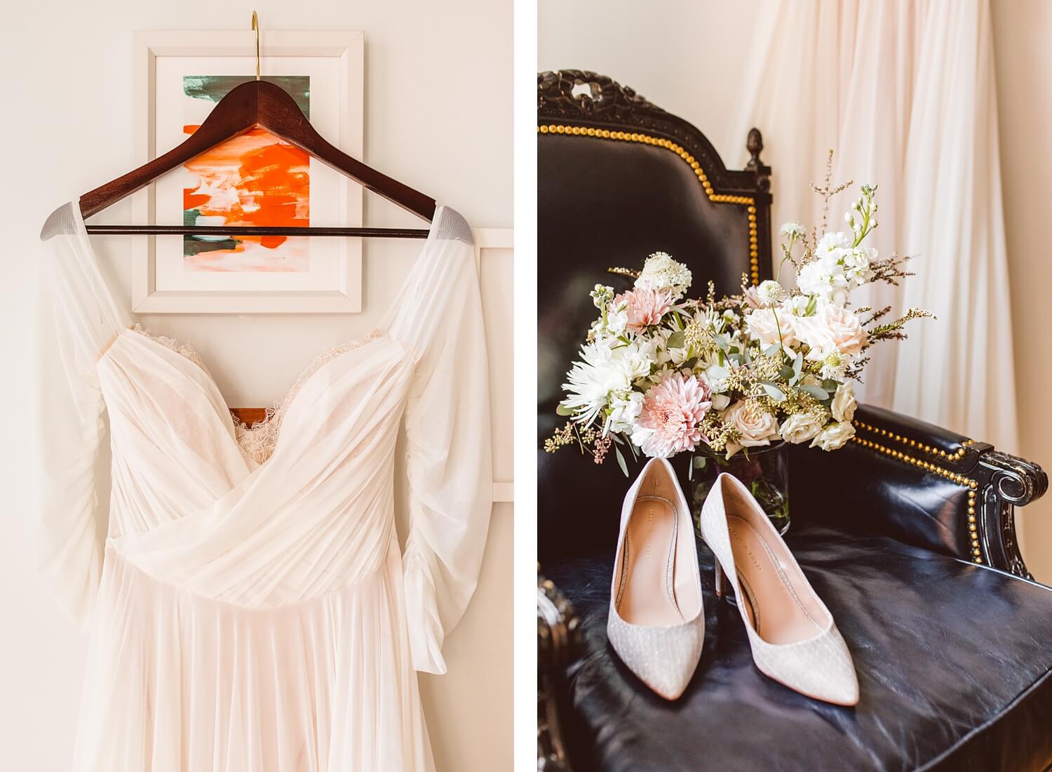 Off the shoulder chiffon wedding dress | hand-tied white and pink bouquet and white wedding shoes | Brooke Michelle Photography