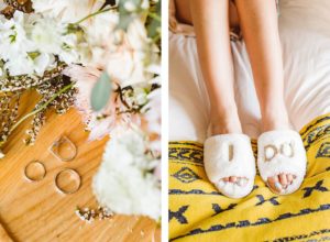 Wedding ring and bands with bouquet | bride wearing slippers that say I Do | Brooke Michelle Photography