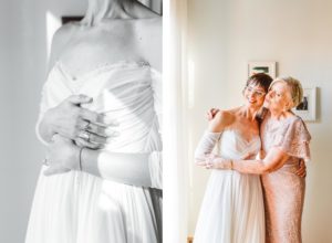 Bride holding up dress while mom zips it up | bride and mom hugging while getting ready for wedding at The LINE DC | Brooke Michelle Photography