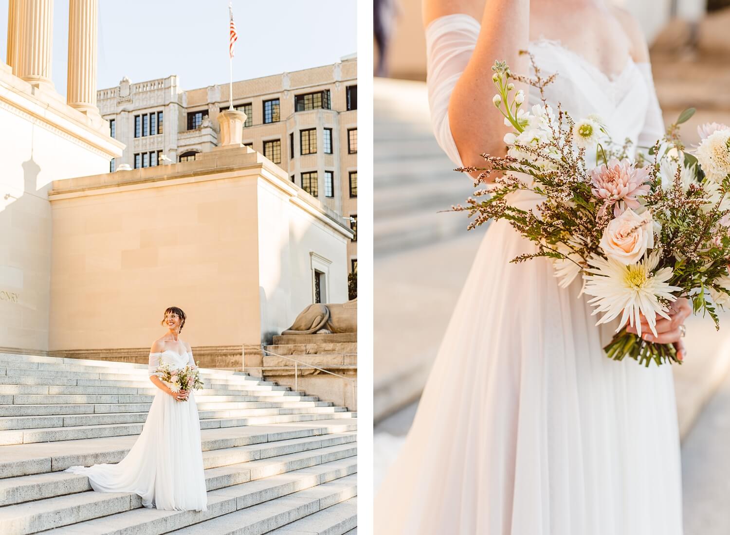 Bride standing on stairs holding bouquet | bride's bouquet full of white and pink flowers | Brooke Michelle Photography