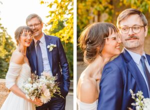 Bride and groom standing next to each other and laughing | bride standing behind groom with her chin on his shoulder | Brooke Michelle Photography