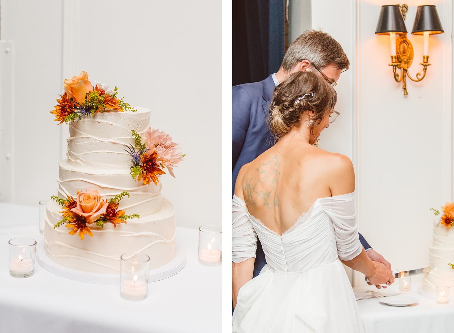 Three tier white wedding cake with fresh flowers | bride and groom cutting cake | Brooke Michelle Photography