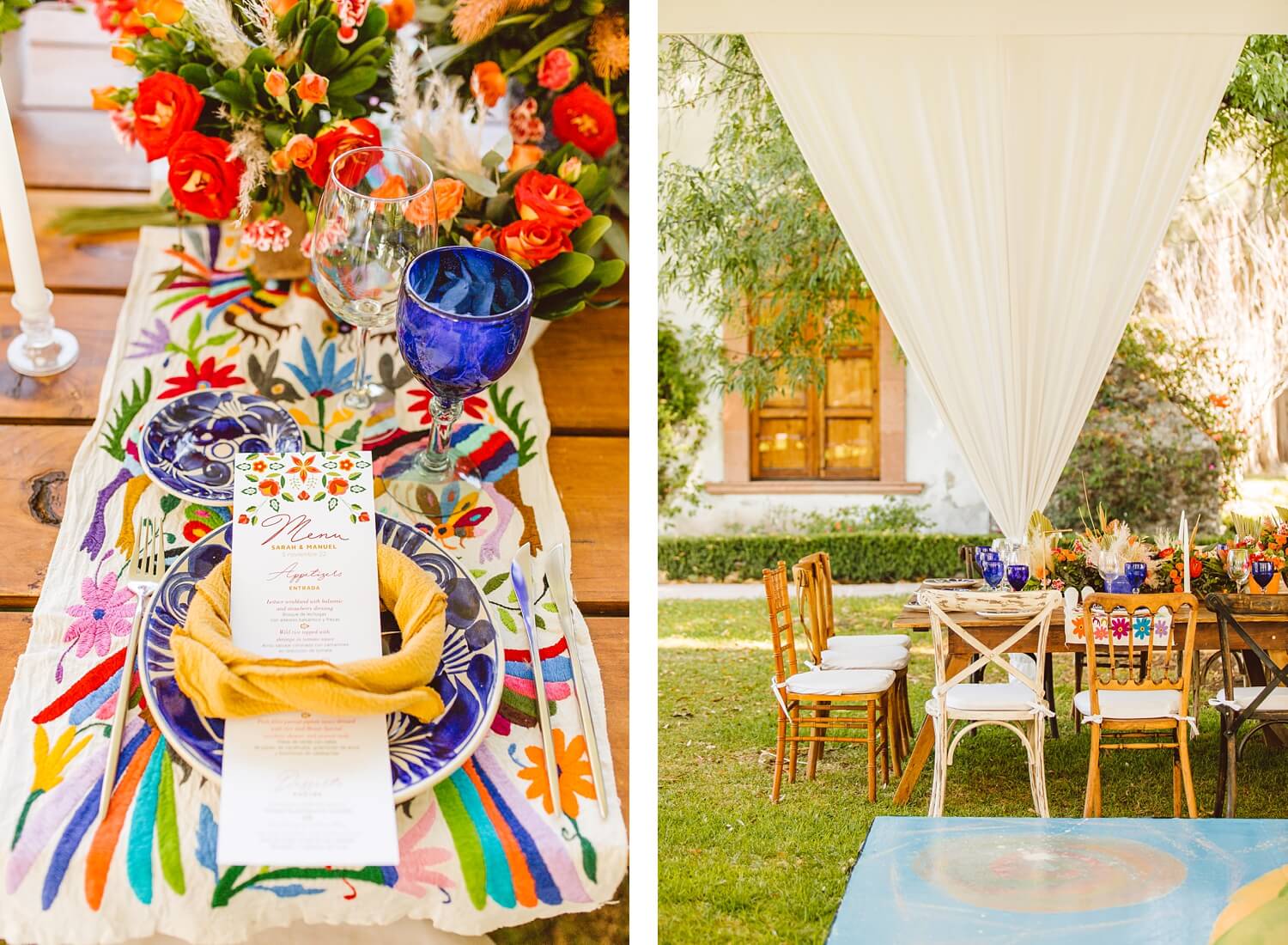 Bright colored flowers and menu with rustic table and chairs at Mexico destination wedding | Brooke Michelle Photo