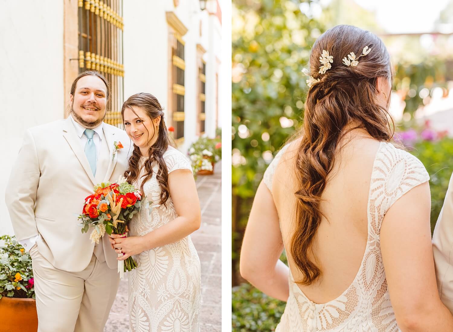 Groom with bride holding red bouquet | Bride wearing low cut lace wedding dress at Mexico destination wedding | Brooke Michelle Photo