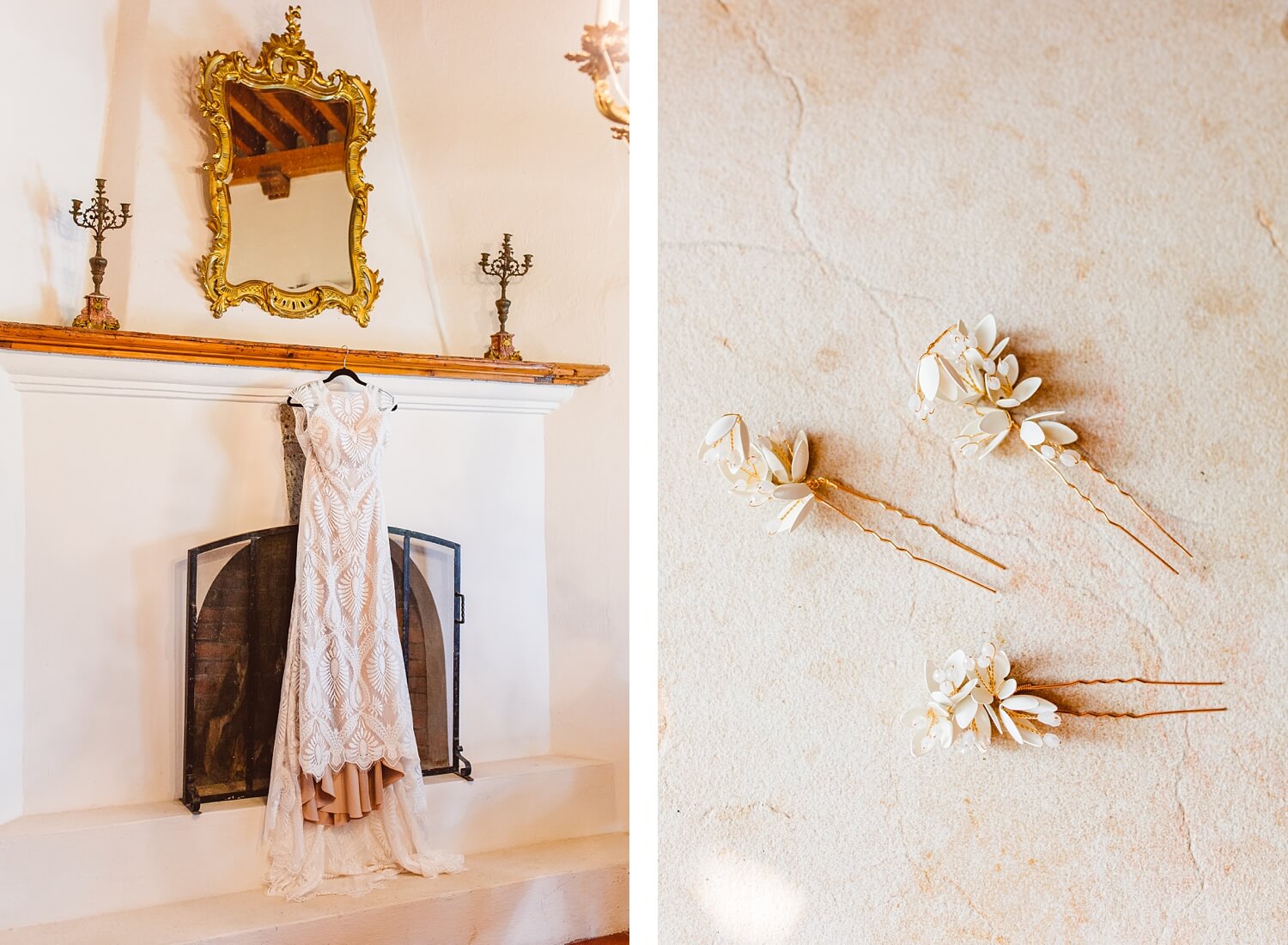 Laser cut lace wedding dress handing on wooden mantle | floral hair pins | Brooke Michelle Photo