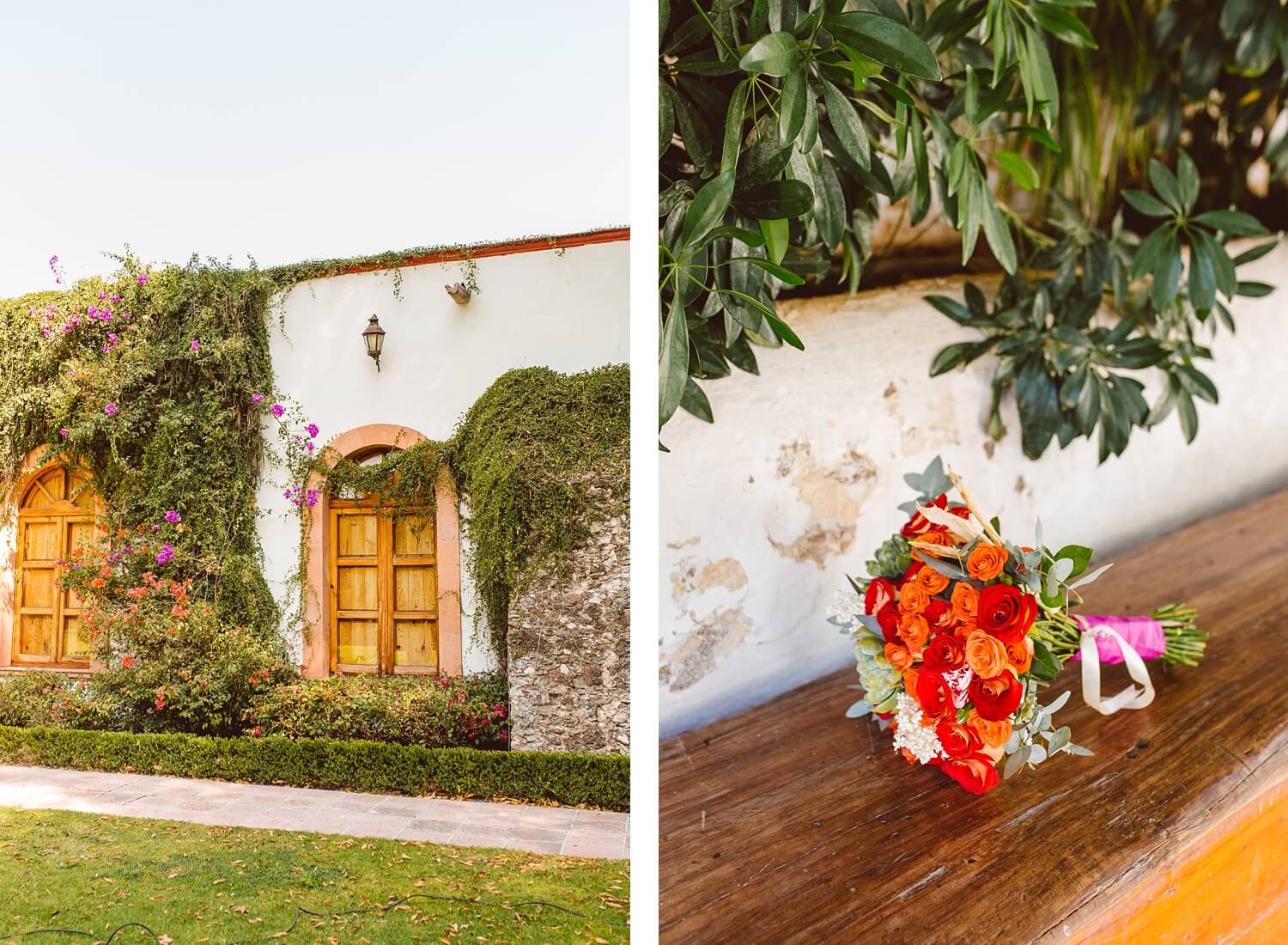 Grounds of Hacienda Amazcala | red bouquet sitting on wooden bench | Brooke Michelle Photo