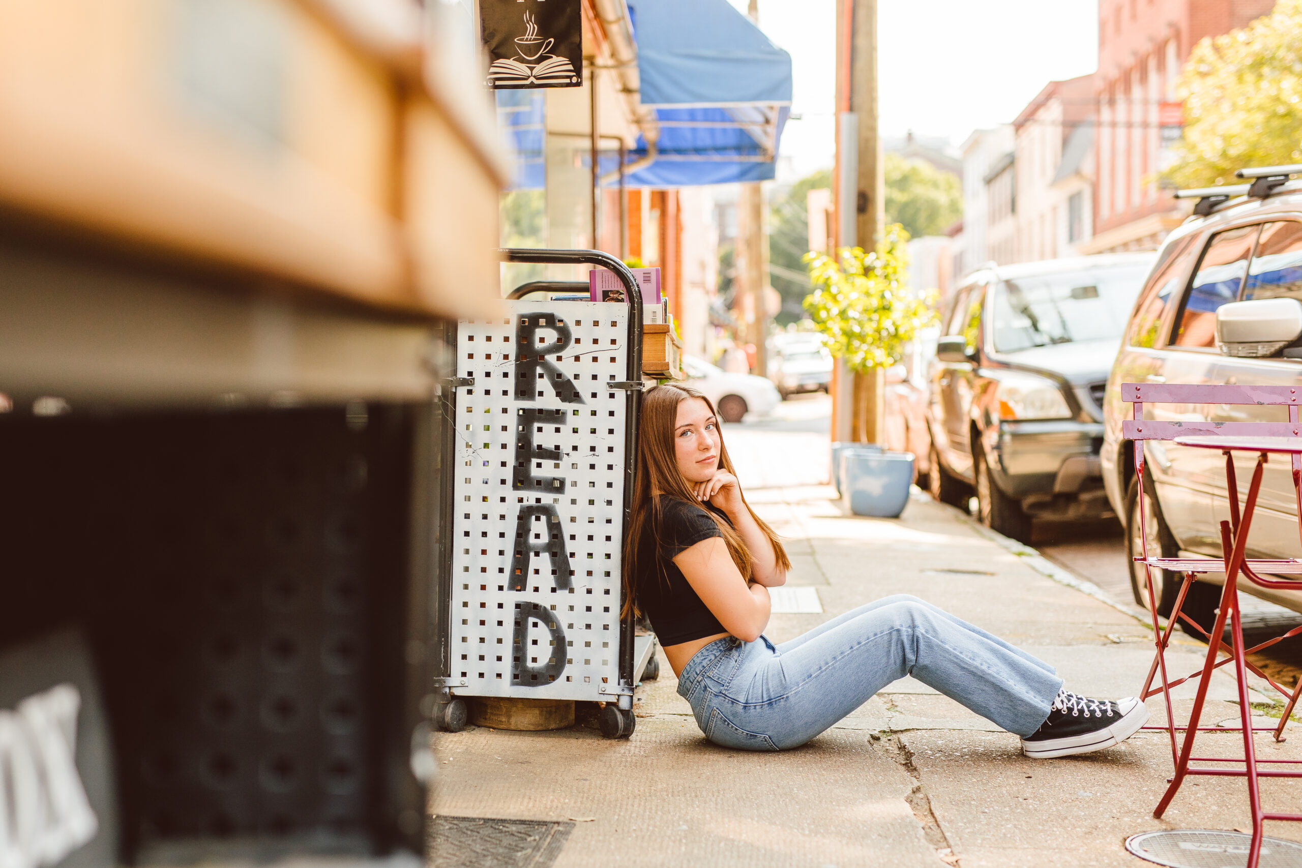 Downtown senior portraits at Old Fox Books 