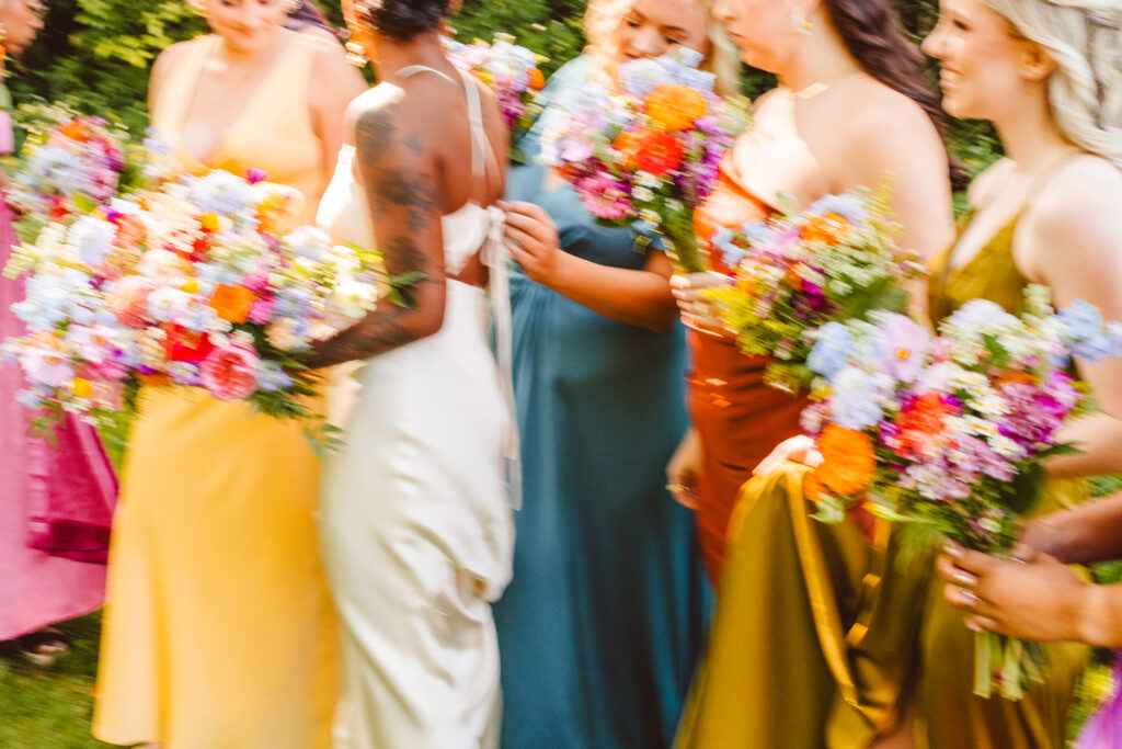 closeup shot of the bride and bridesmaids dresses