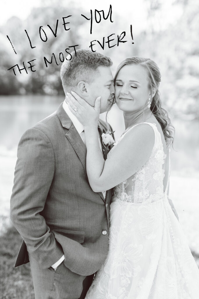 Portrait of the groom, kissing the bride on the cheek
